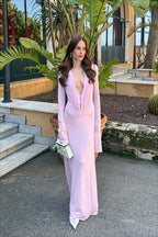 Plunging V Neck Sheer Long Sleeve Maxi Party Dress