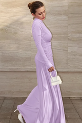 Solid Crew Neck Long Sleeve Ruched Party Dress