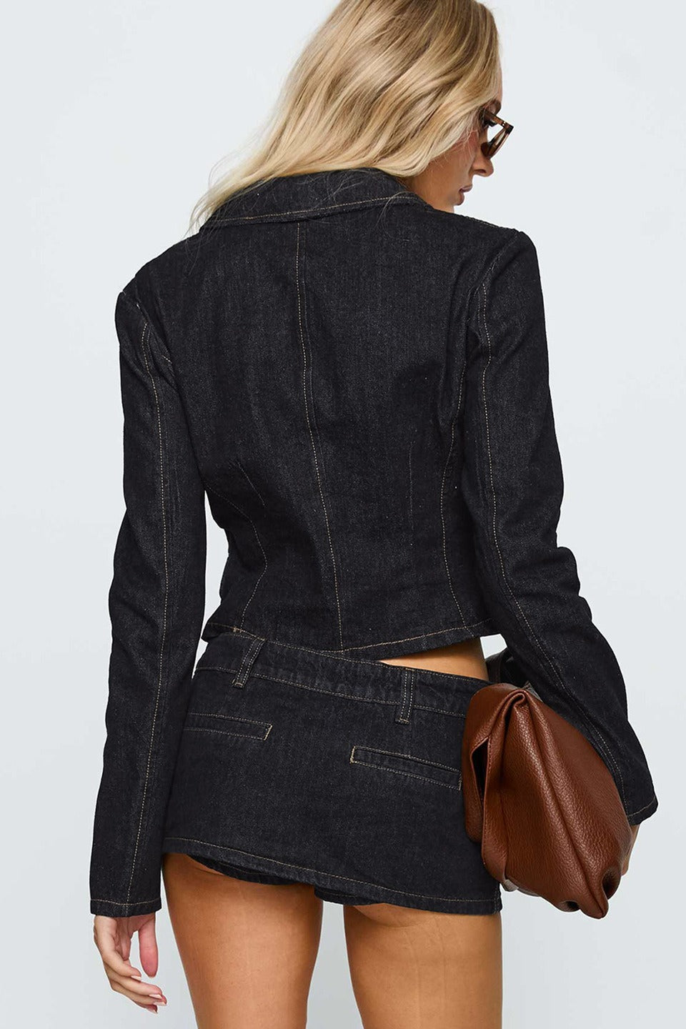 Denim Lapel Waist Cinched Cropped Blouse