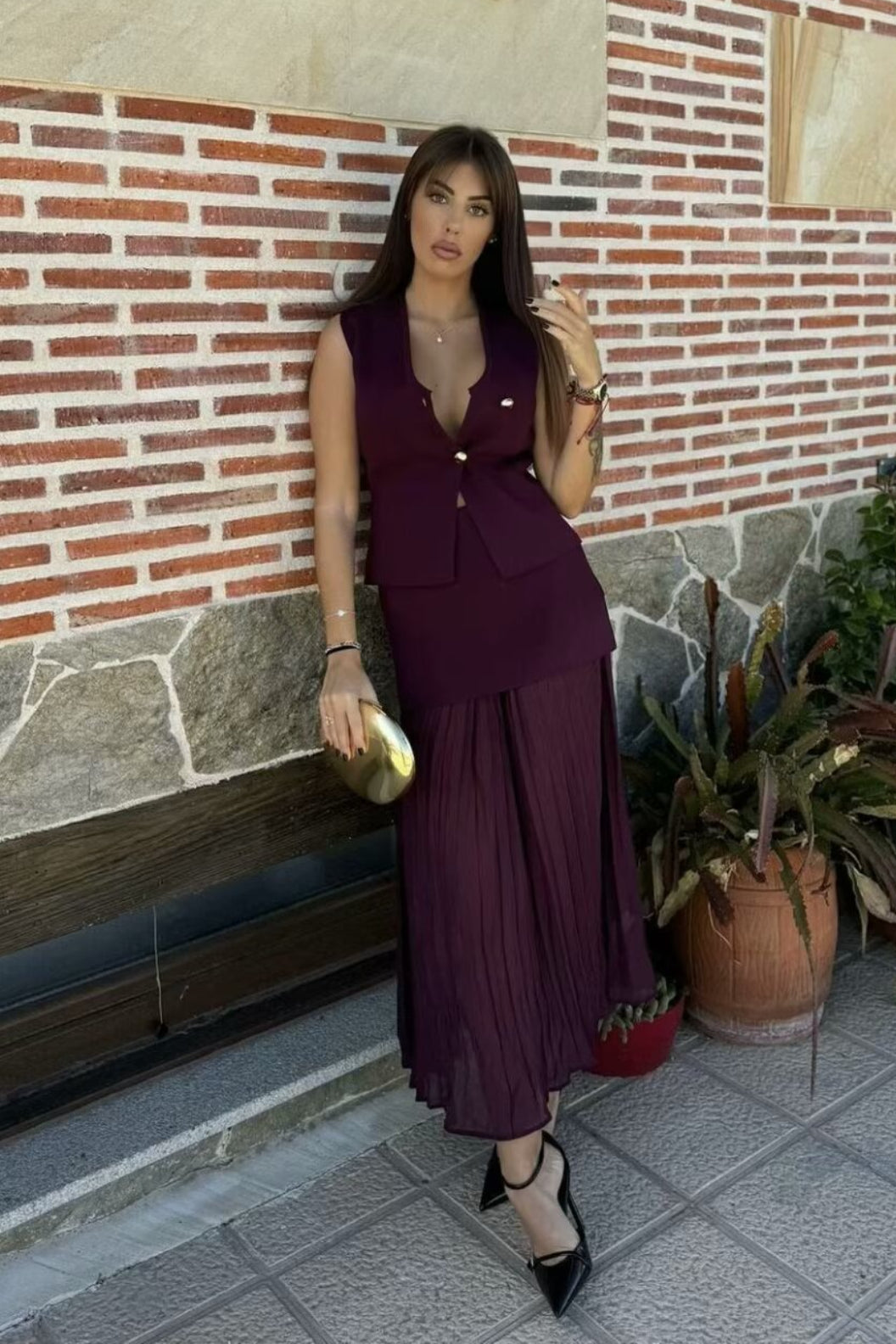 Button Front Two Piece Knit Vest Skirt Set