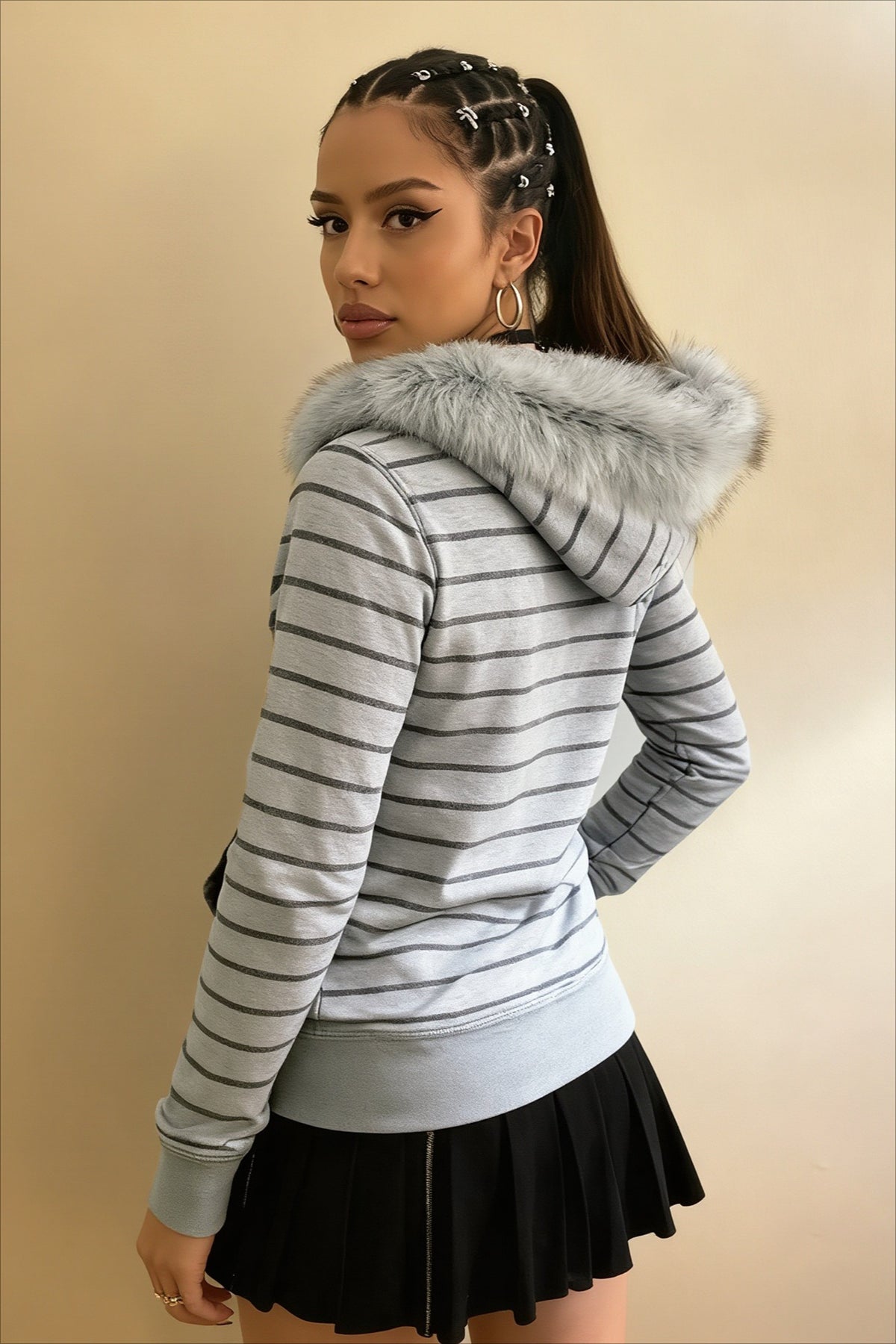 Striped Faux Fur Trim Slogan Zip Hoodie