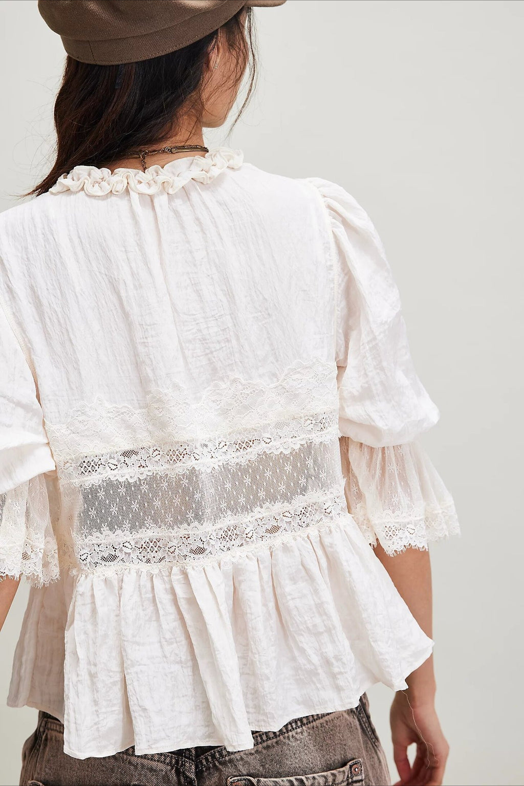 Lace Panel Ruffle Balloon Sleeve Tie Front Blouse