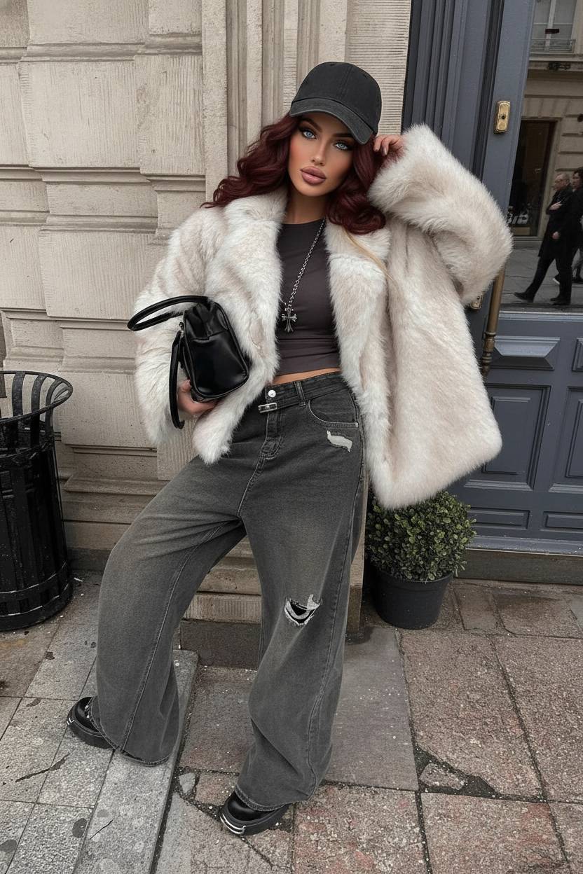 White Tip-Dyed Faux Fox Fur Mid-Length Coat