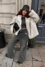 White Tip-Dyed Faux Fox Fur Mid-Length Coat