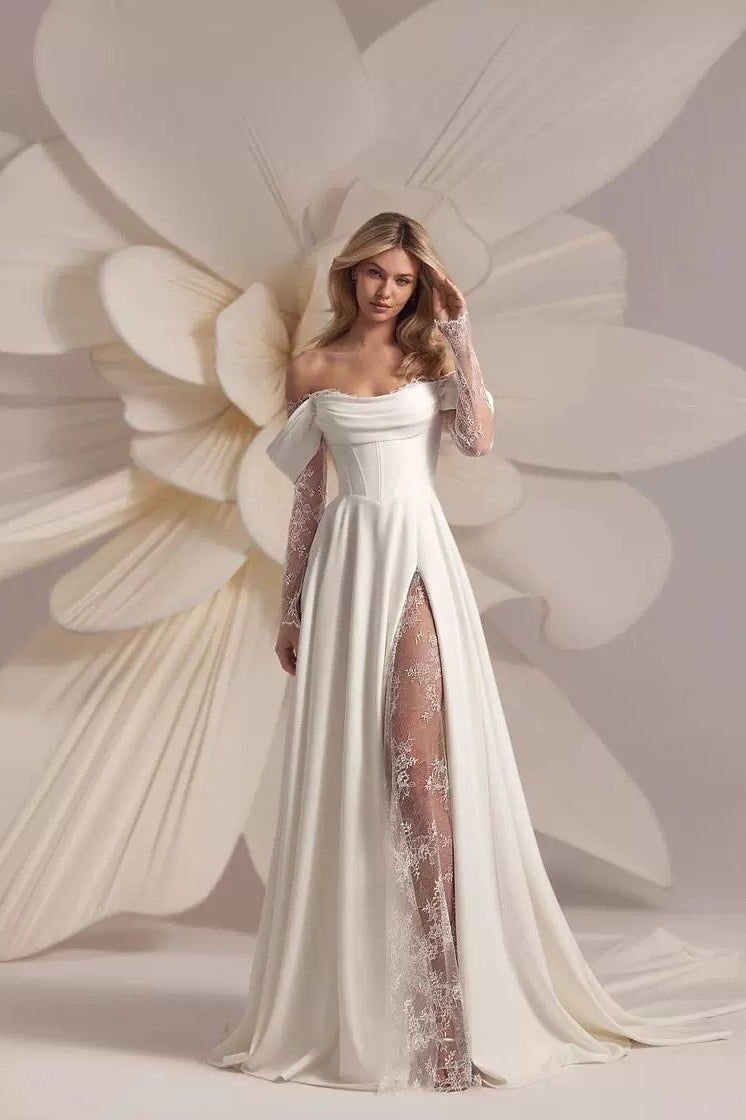 Off Shoulder Train Elegant White Wedding Dress Main image