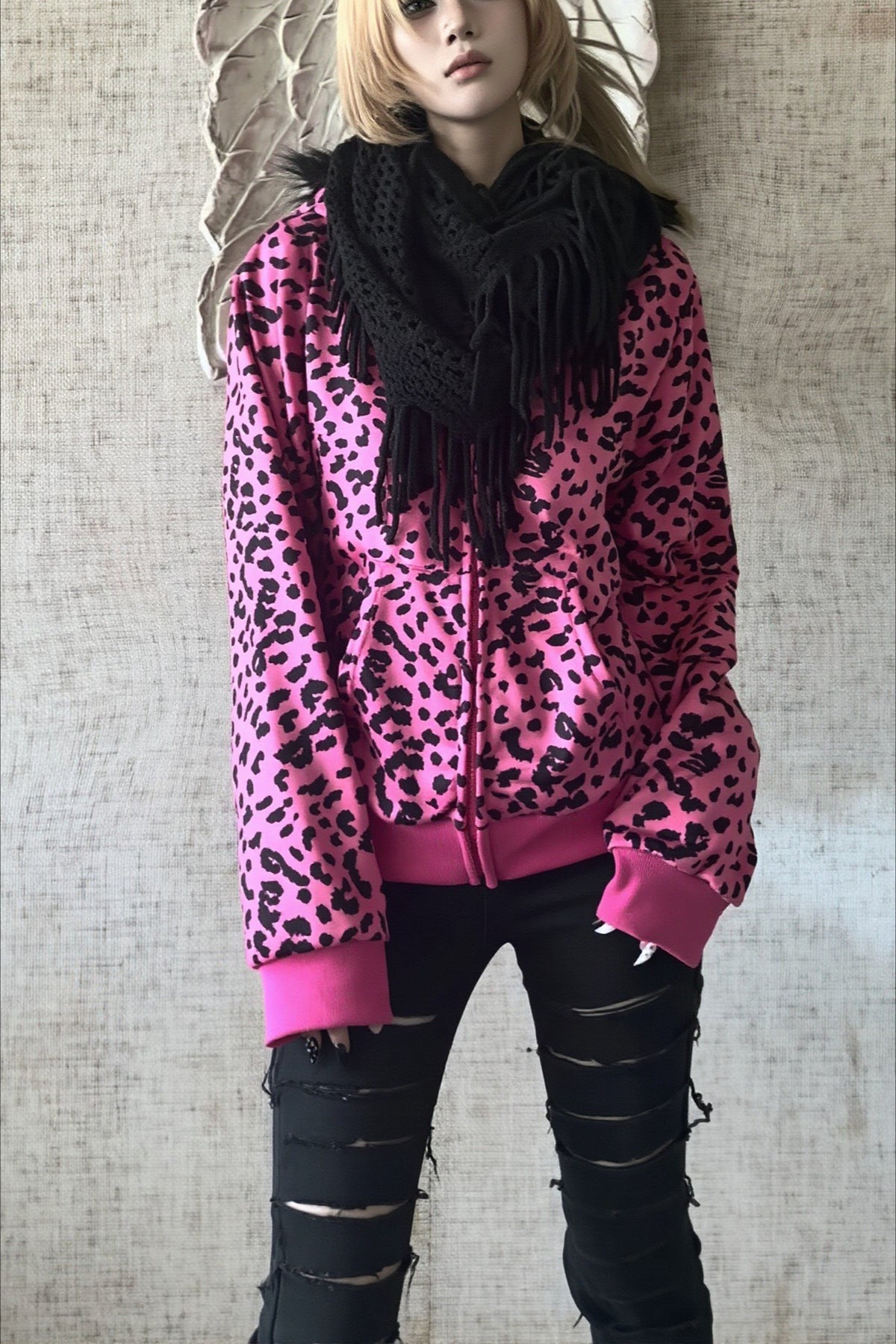 Pink Leopard Rhinestone Wing Zip Hoodie Main image