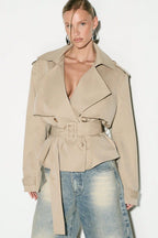Cape Overlay Belted Cropped Double Breasted Coat