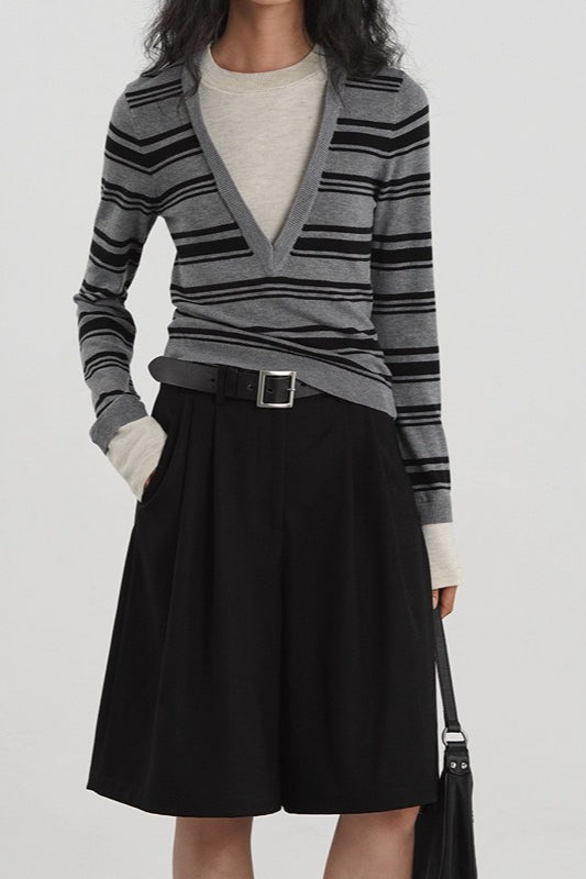Striped Contrast Panel Deep V-Neck Knit Top Main image