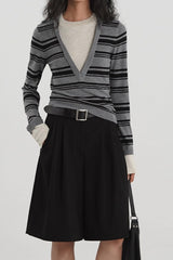 Striped Contrast Panel Deep V-Neck Knit Top
