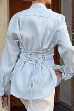 Tie Waist Solid Cotton Long Sleeve Blouse