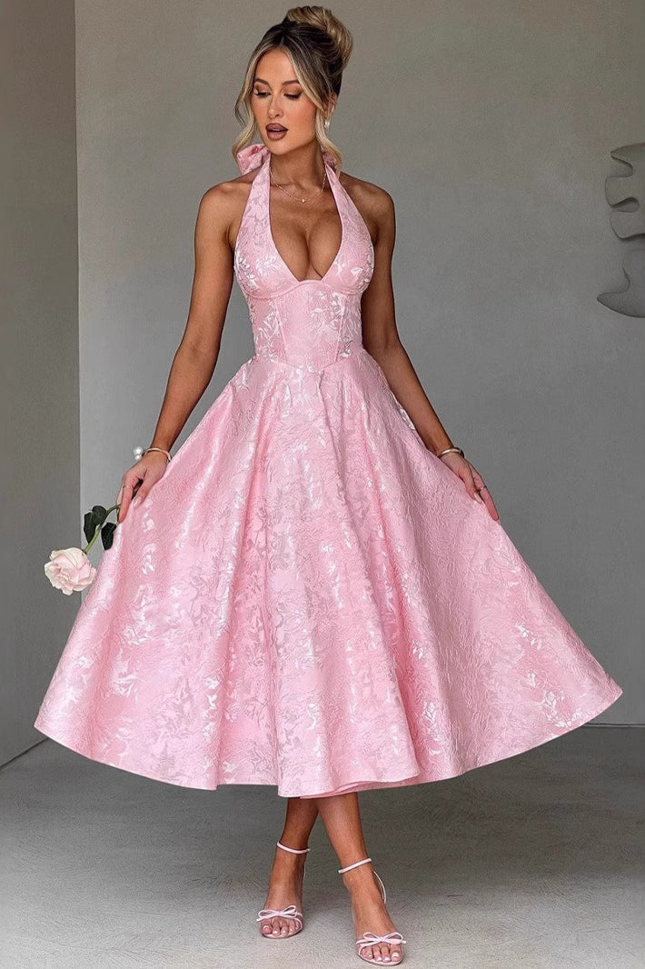Elegant V Neck Halter Jacquard Sleeveless Backless Formal Dress