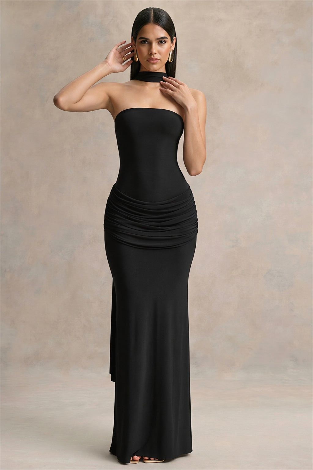 Scarf Detail Strapless Ruched Maxi Dress