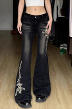 Floral Embroidered Low Rise Flare Leg Jeans