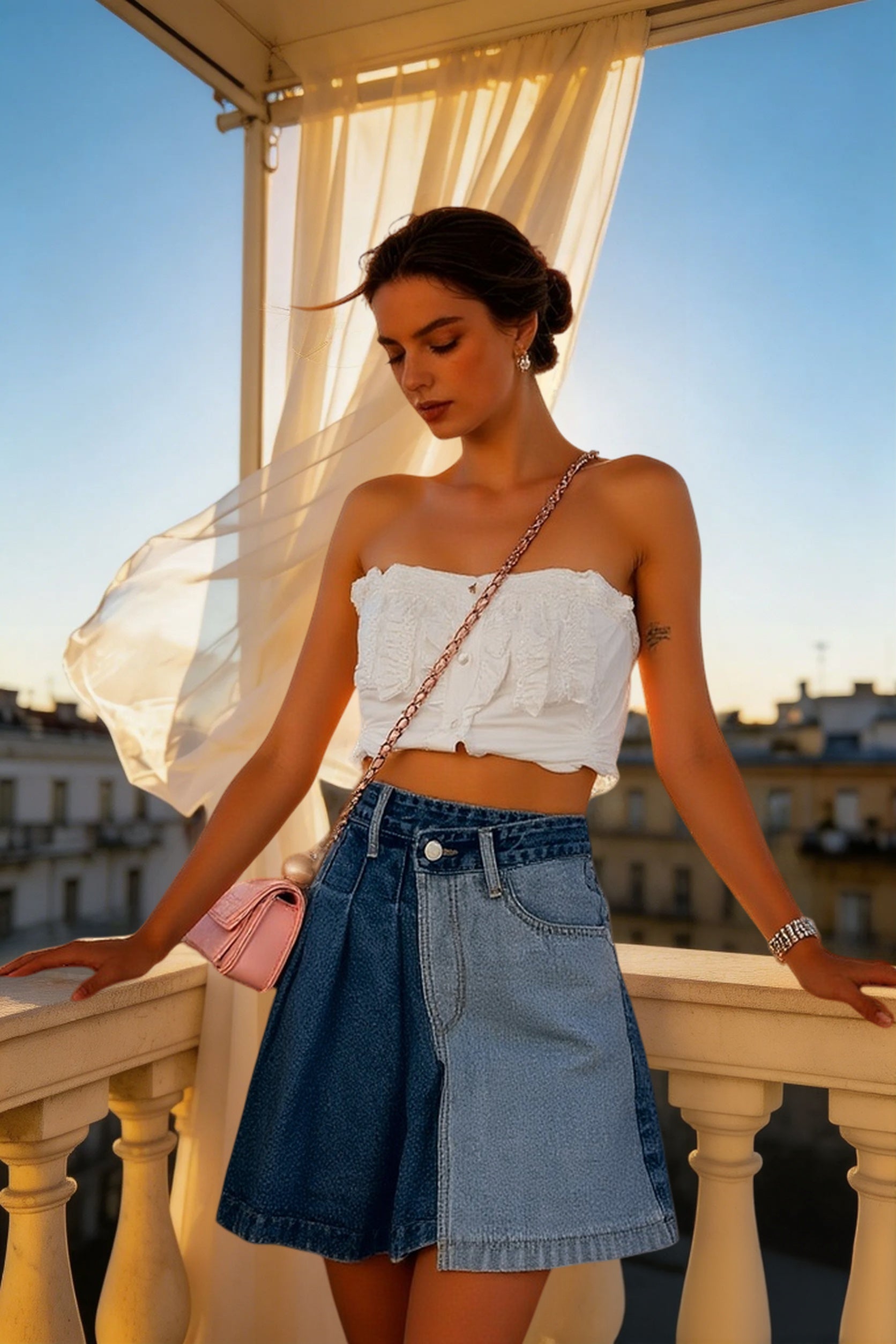Streetwear Fashion Denim Contrast Color Patchwork A-line Mini Skirt Main image