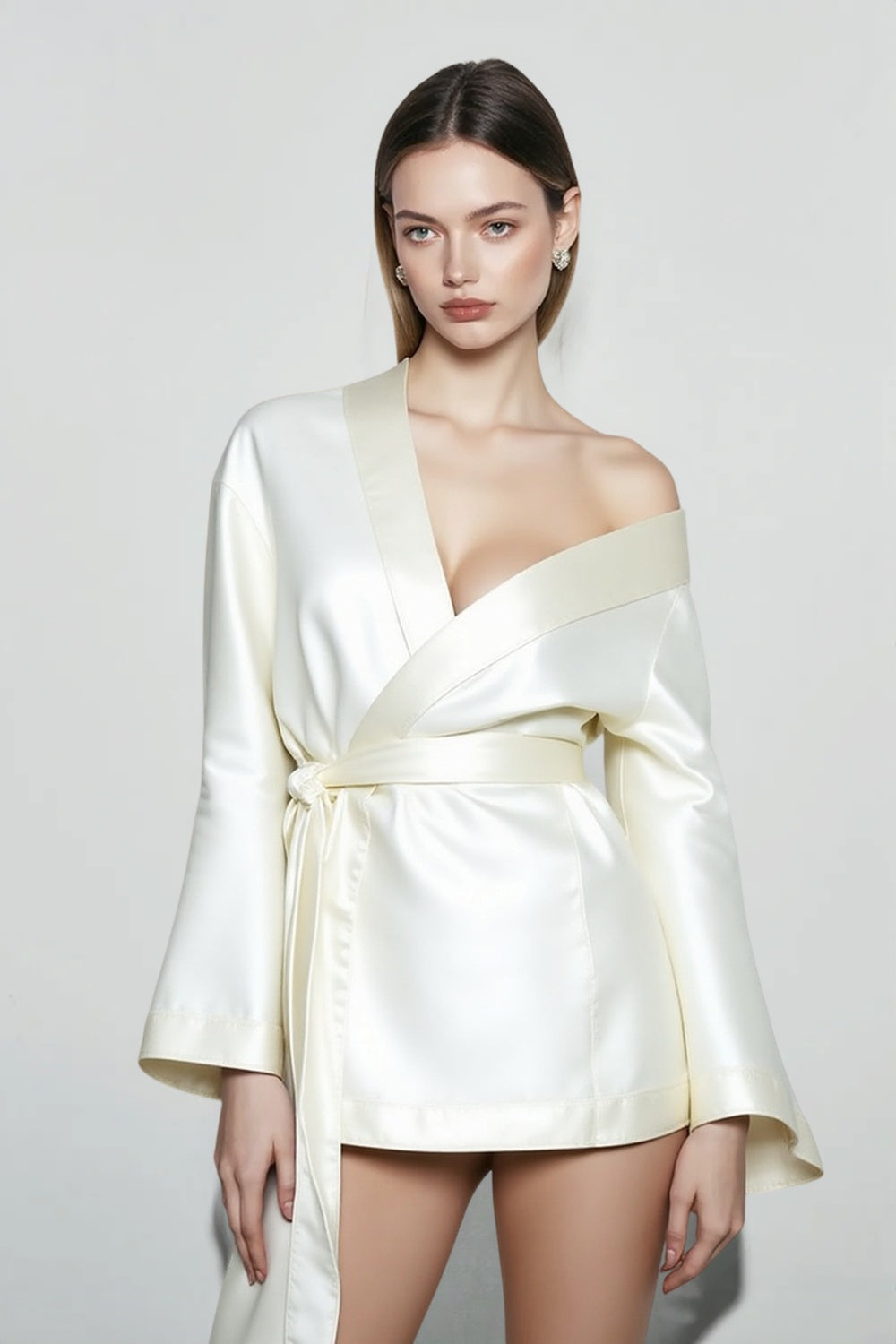 Loose Tie-Waist Long-Sleeve Satin Mini Silk Dress Secondary image