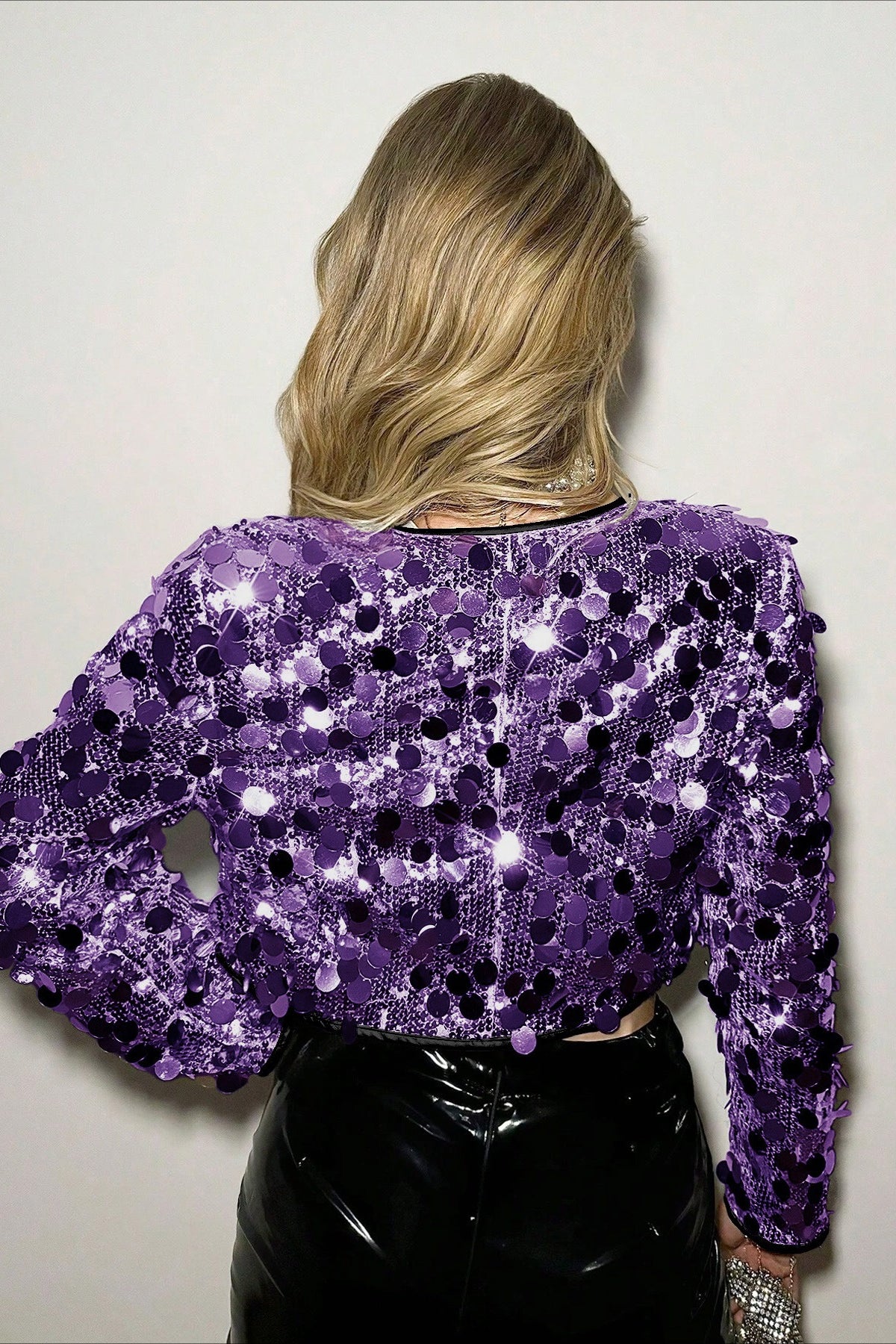 Chic Cropped Metallic Sequin Detail Coat