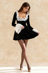 Square Neck Lace Trim Flared Sleeve Mini Dress