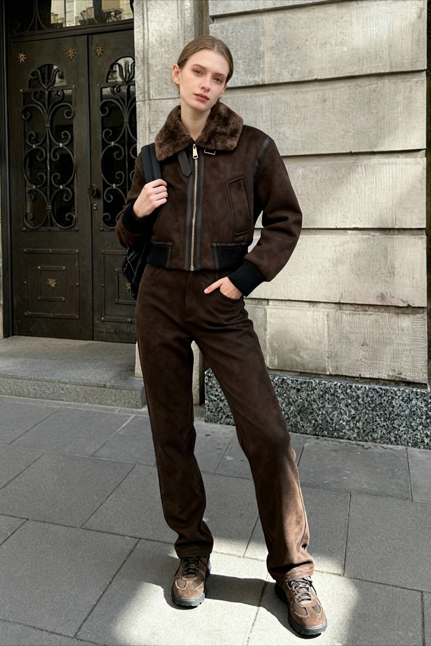 Faux Fur Collar Zip-Up Jacket Main image