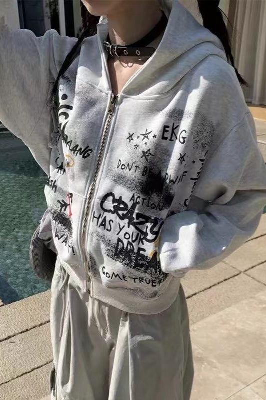 Gray Graffiti Hooded Zip-Up Cropped Hoodie Secondary image