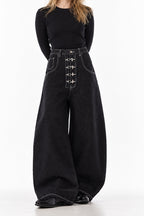 Deep Wash Draped Wide Leg Denim Jeans