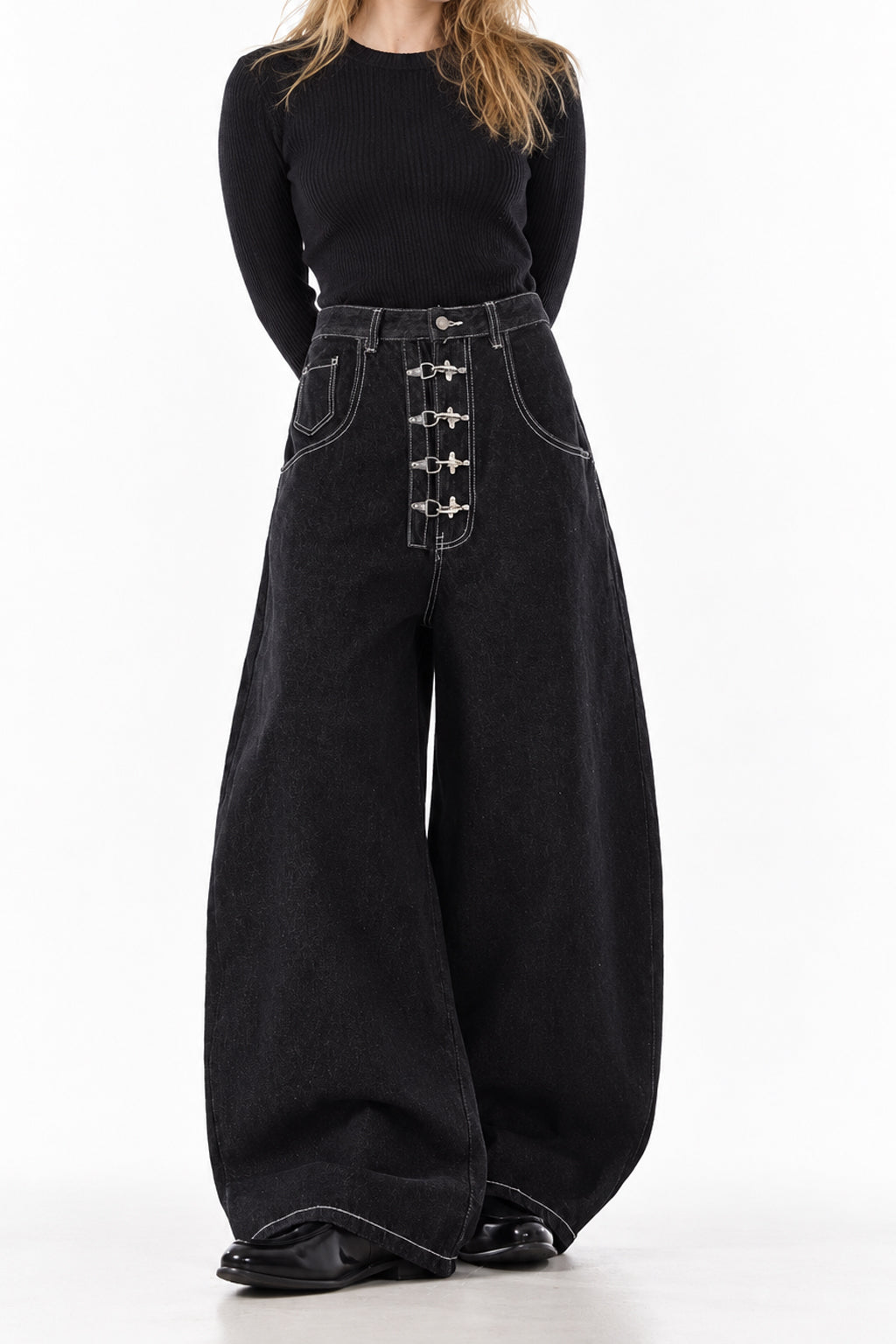 Deep Wash Draped Wide Leg Denim Jeans