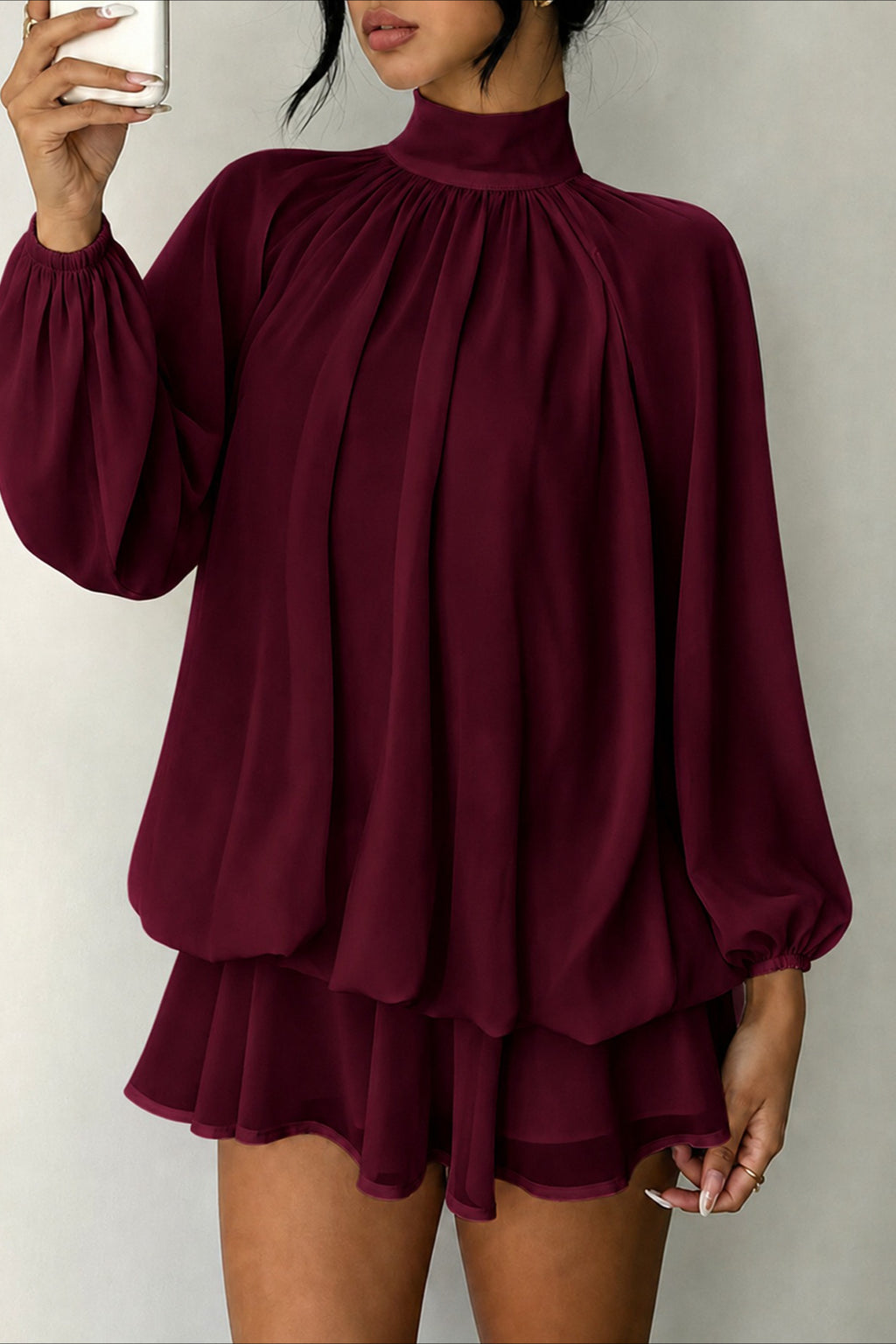 High Neck Long Sleeve Tiered Ruffle Mini Dress