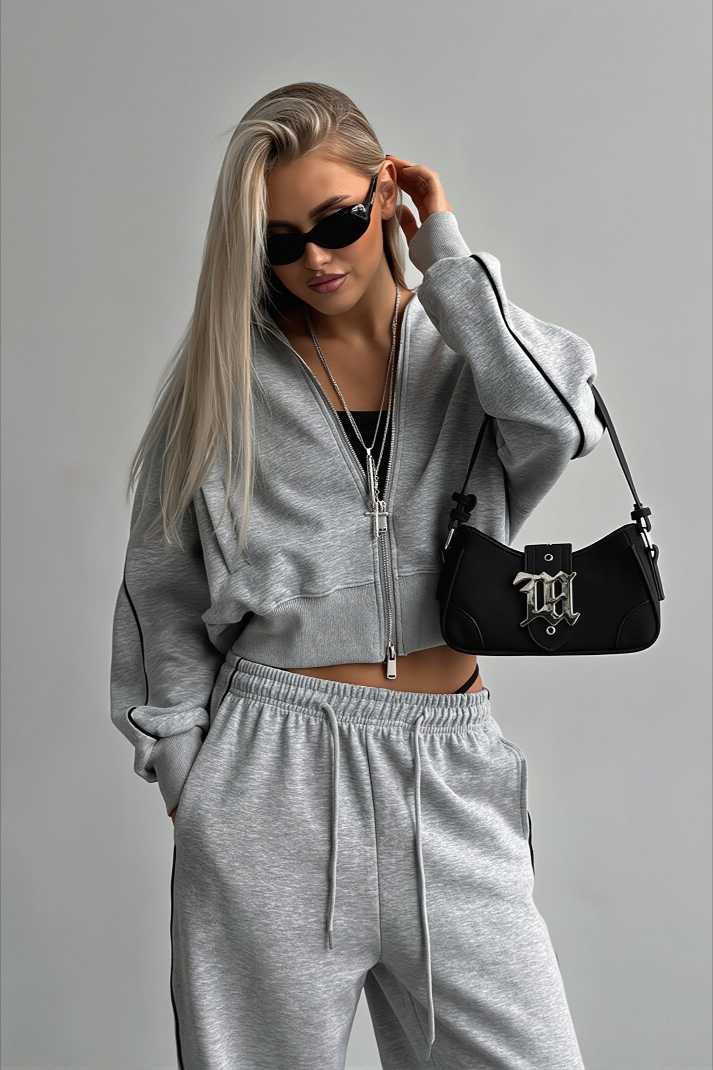 Contrast Piping Zip Front Jogger Hoodie Two Piece Set Secondary image
