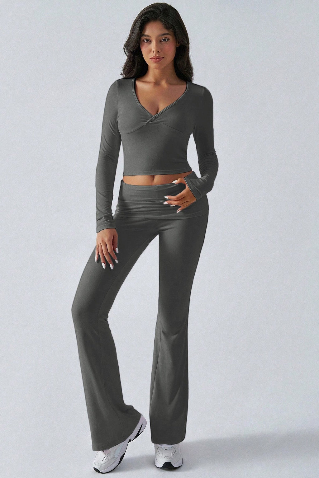 Casual V Neck Flared Stretch Two Piece Pants Set