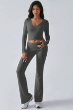 Casual V Neck Flared Stretch Two Piece Pants Set