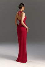 Halter Neck V-Slit Evening Wrap Dress