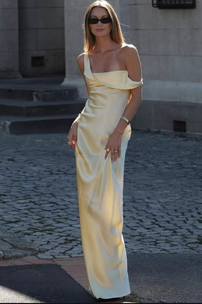Solid Color Asymmetrical Shoulder Backless Strapless  Formal Dress Main image