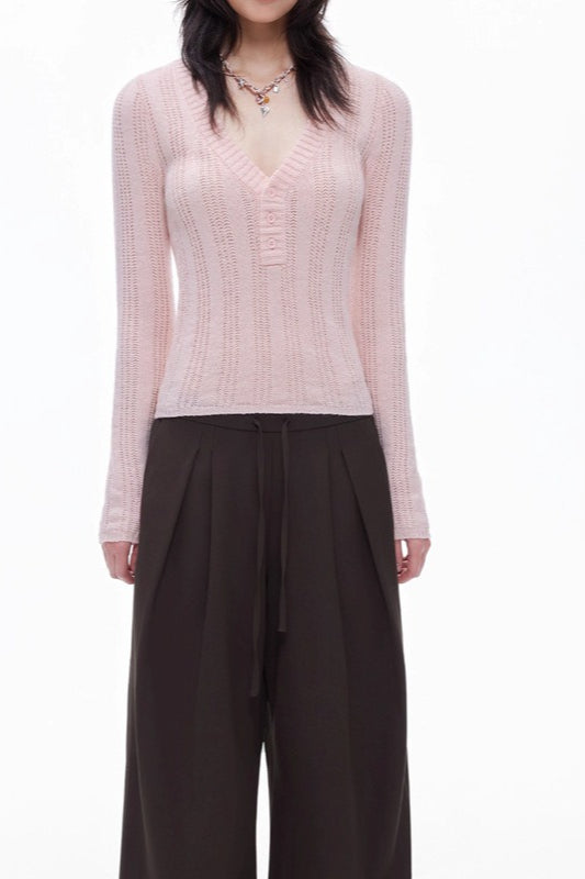 Openwork Wool Blend V-Neck Knit Top Secondary image
