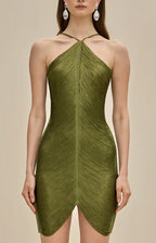 Metallic Fringe Halter Ruched Mini Dress