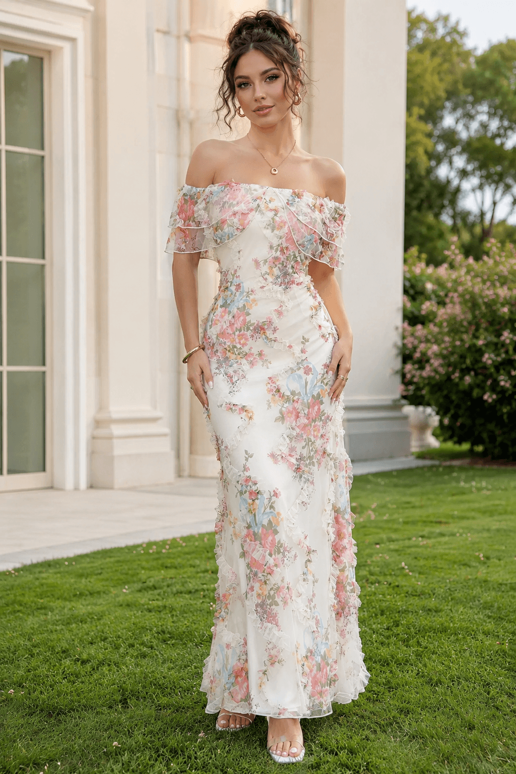 Off Shoulder Bodycon Long Print Floral Dress Main image