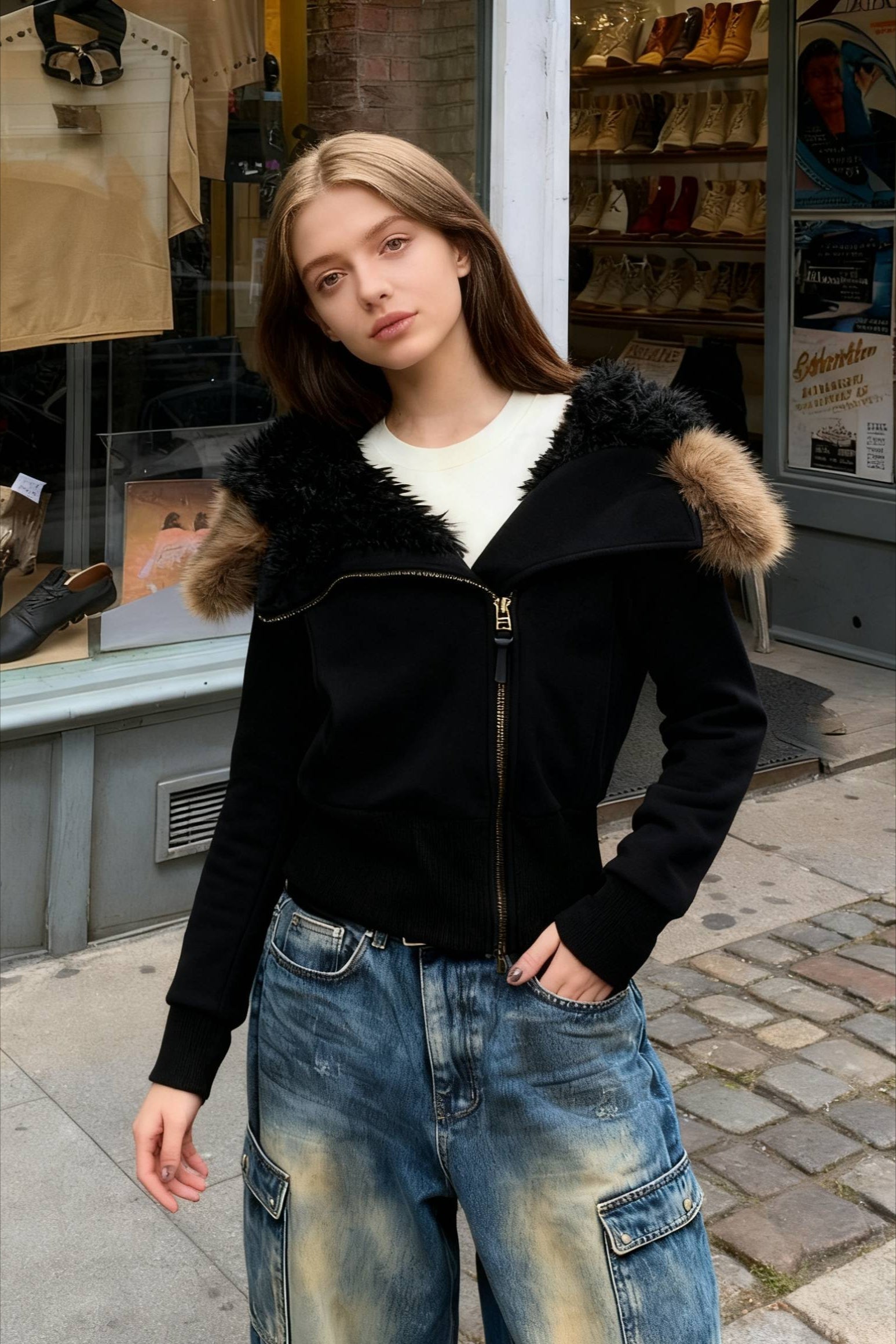 Fleece-Lined Hooded Fur-Collar Zip Short Jacket