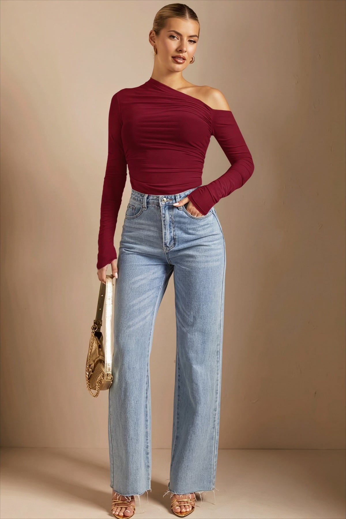 Draped Asymmetric Neck Long Sleeved T-shirts