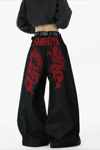 Red Dragon Embroidered Wide Leg Jeans