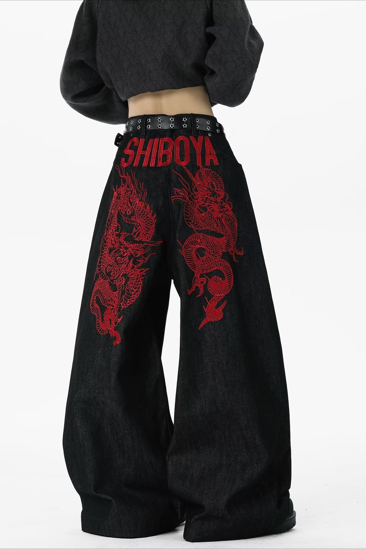 Red Dragon Embroidered Wide Leg Jeans
