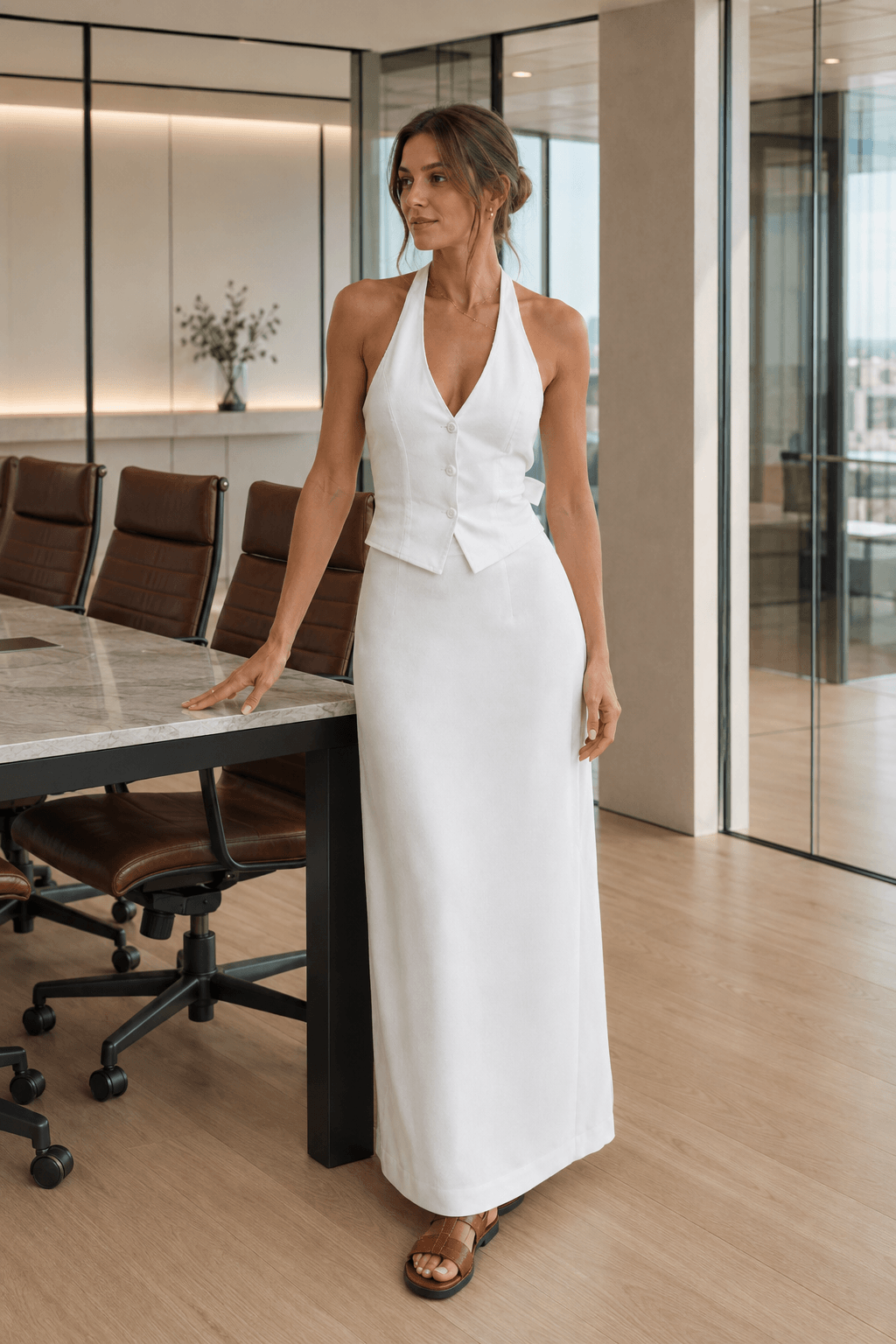 Linen Halter Vest Maxi Dress Two Piece Work Set Main image