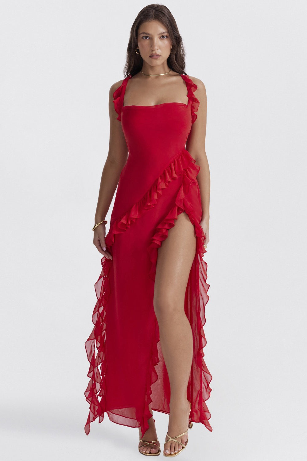 Square Neck Ruffle Slit Party Dress Main image