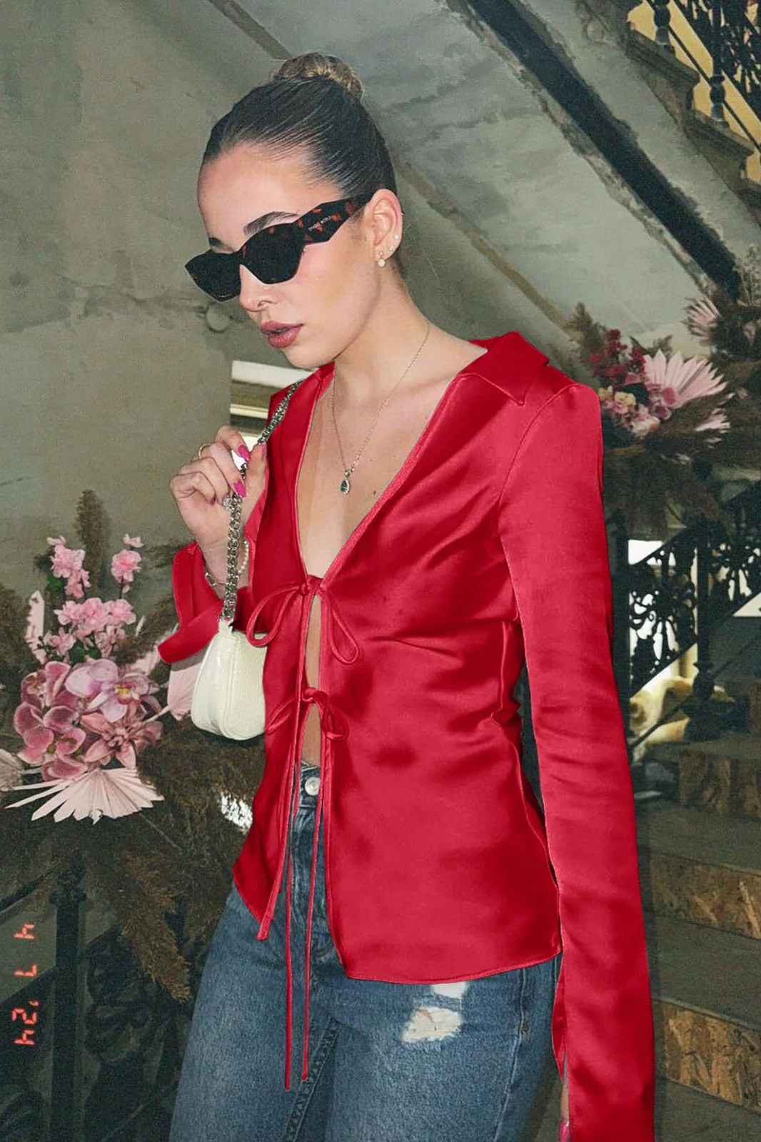 Satin Tie Front Slim Fitted Long Sleeve Blouse Secondary image