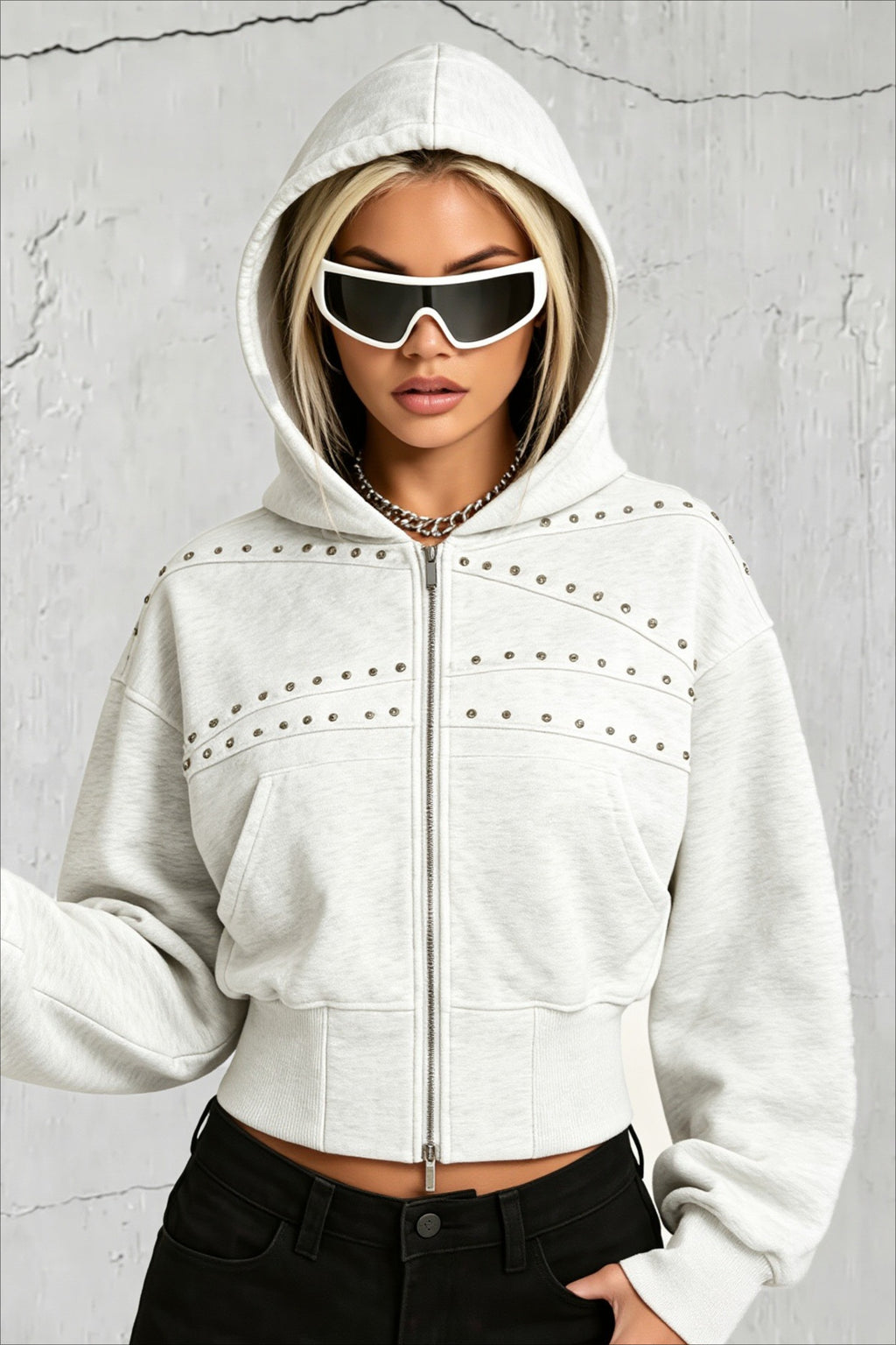 Washed Studded Zip Front Cropped Hoodie