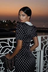 Polka Dot V-Neck Puff Sleeve Bodycon Maxi Dress