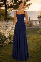 Solid Plunge Ruched Waist Backless Slip Dress