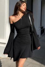 One Shoulder Ruched Flared Sleeve Asymmetric Mini Dress