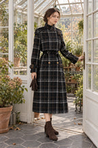 Autumn Winter Long Loose Warm Plaid Wool Blends Sleeve Belt Double Breasted Woolen Stylish Coat