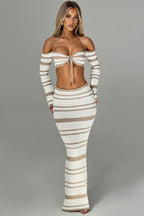 Striped Tie Front Long Sleeve Top Maxi Skirt Two Piece Set