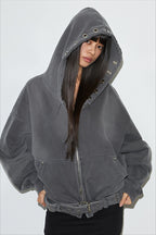 Washed Ring Detail Belted Zip Front Hoodie