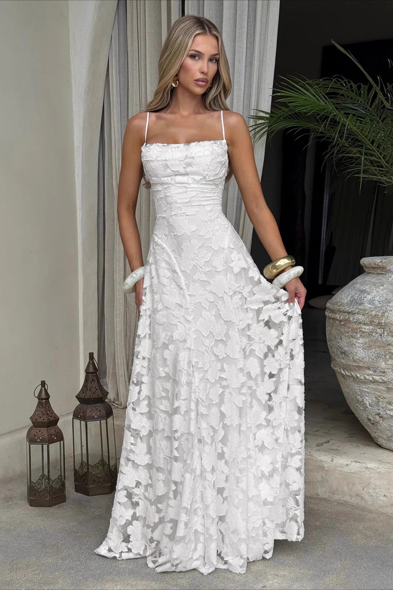 Elegant Backless Brocade Lace Cami Tie Boho Dress