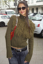 Shaggy Fringe Mock Neck Cropped Knit Top